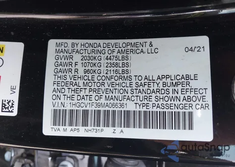 2021 Honda Accord Sport из США, поврежденный, VIN 1HGCV1F39MA066361